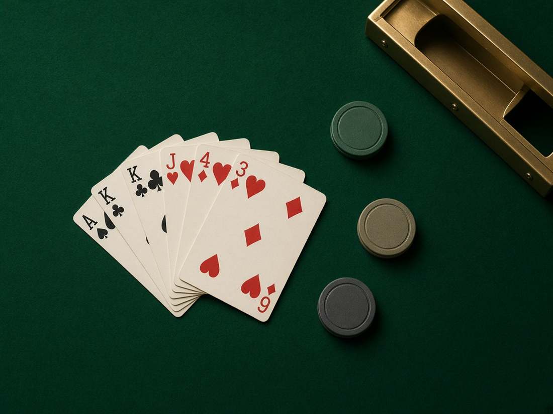 Cartas e fichas dispostas no pano verde de uma mesa da TropezioInn