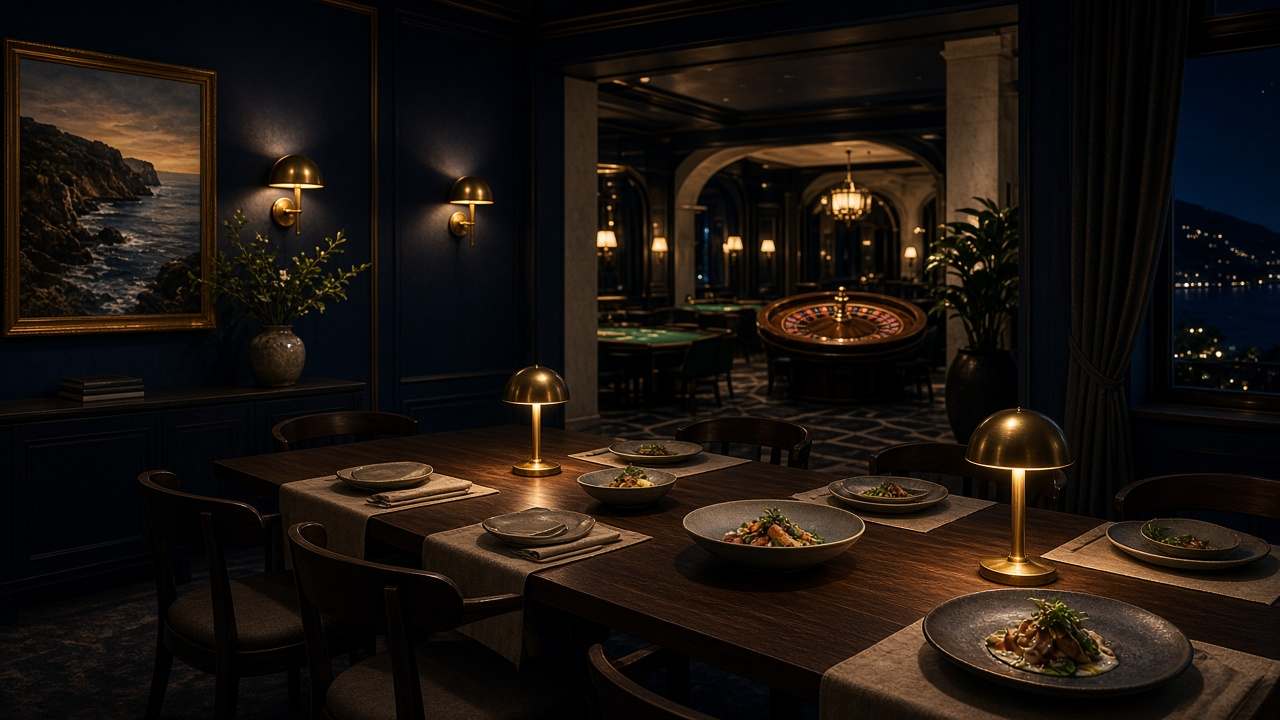 Sala de jantar da TropezioInn com o salão de roleta ao fundo