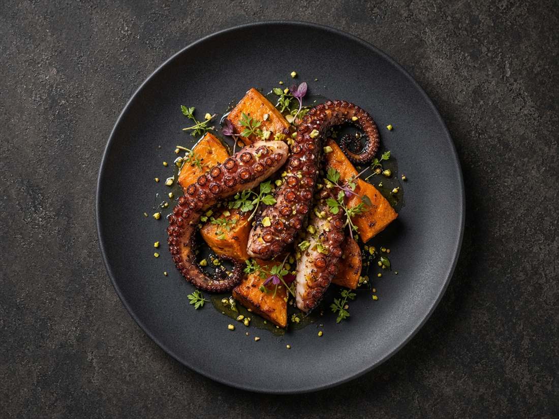 Polvo lento com batata-doce e pistáchio no prato da TropezioInn