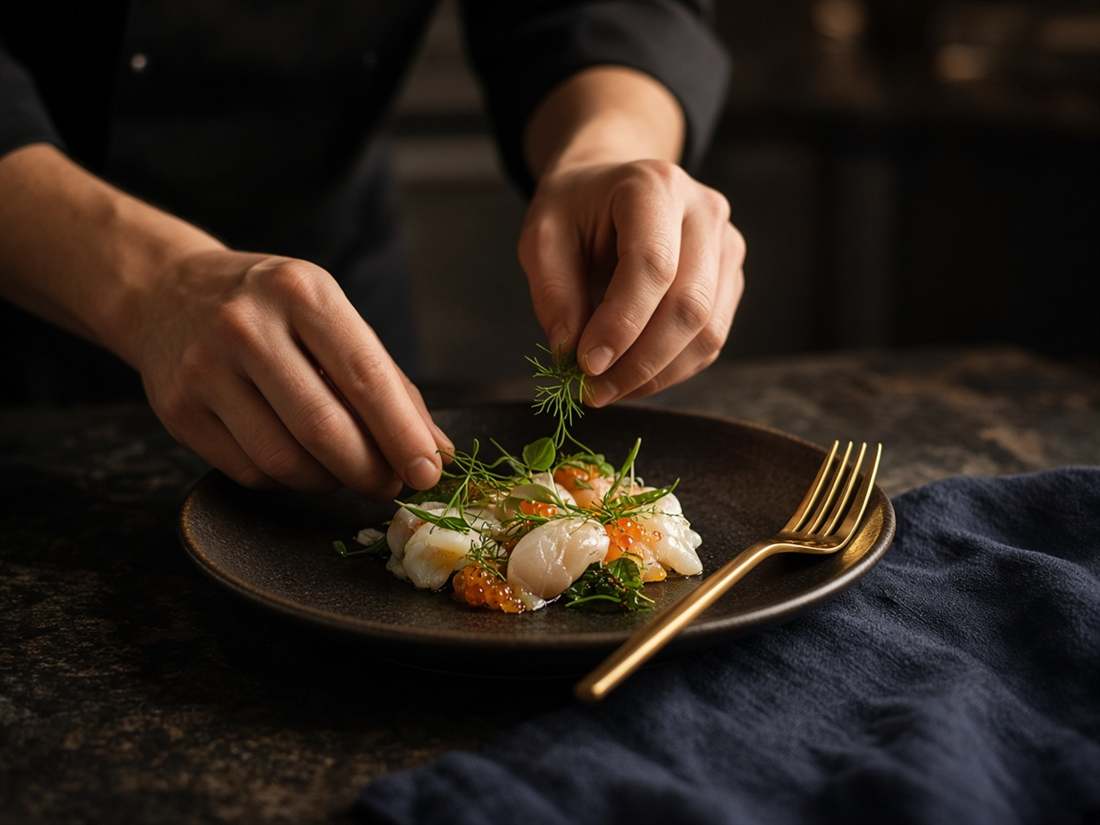 Finalização de um prato de vieiras com ervas na cozinha da TropezioInn
